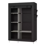 Closet organizador desarmable de tela negra con estantes, ideal para ropa y zapatos.
