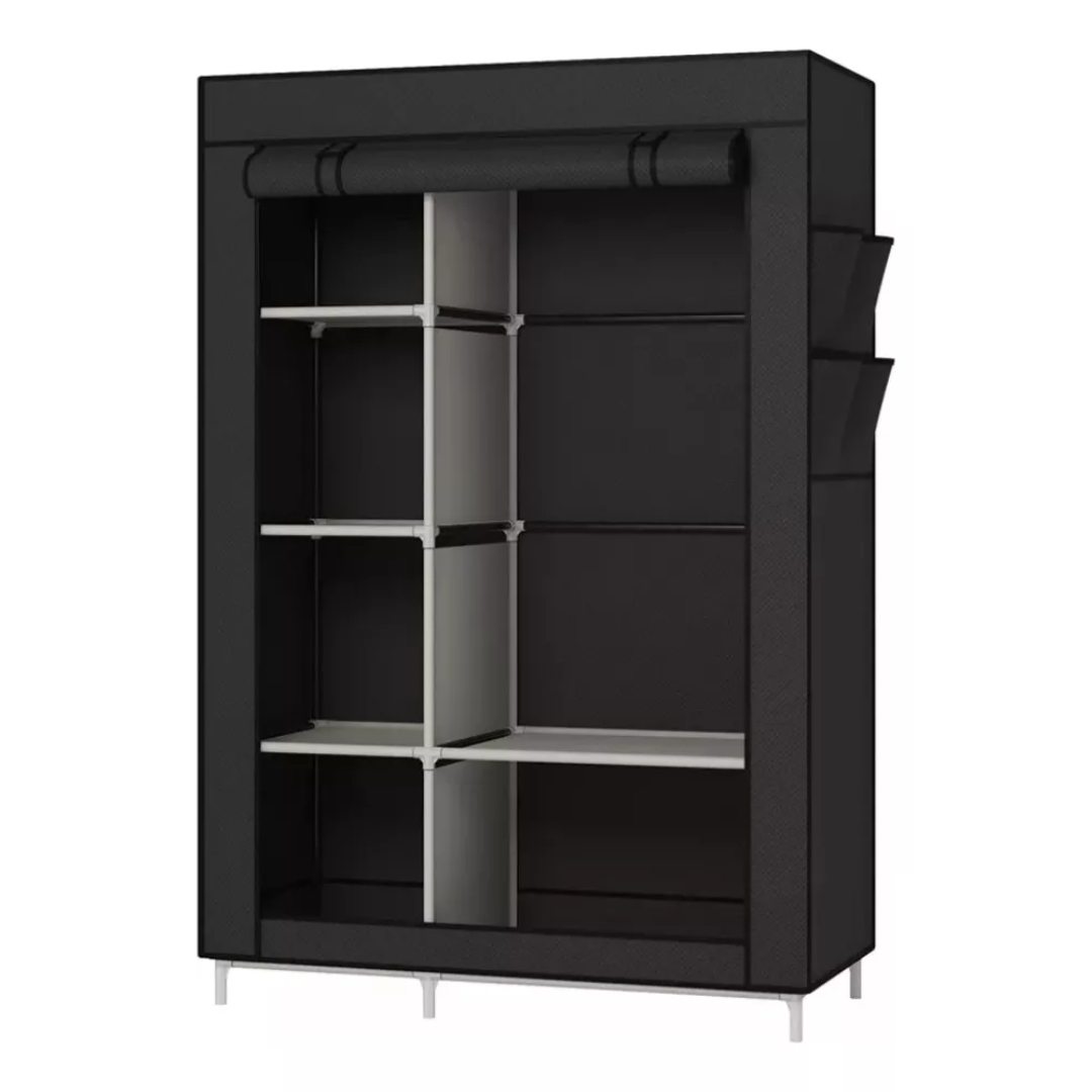Closet organizador desarmable de tela negra con estantes, ideal para ropa y zapatos.