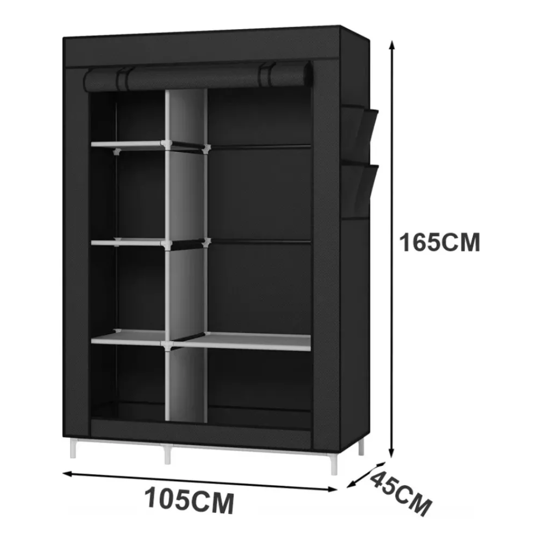 Closet organizador desarmable de 105x45x165 cm, con entrepaños y barra para colgar.