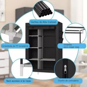 Closet organizador desarmable con varillas, conectores de PP y diseño de cremallera.
