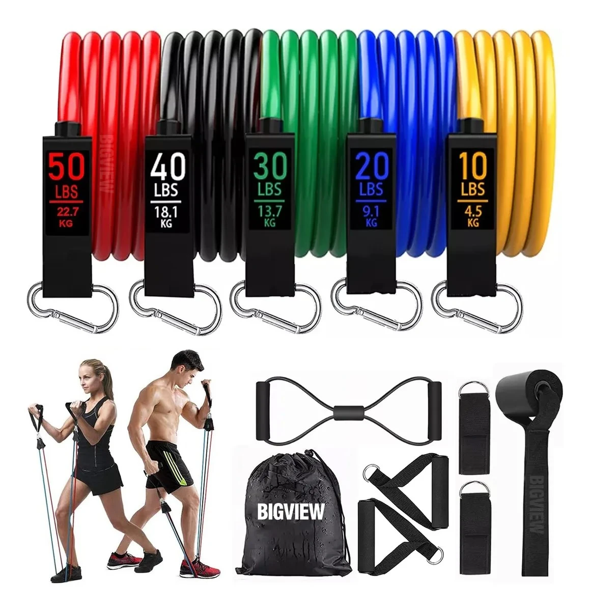 Bandas de resistencia tubulares de látex con 5 niveles de 10 a 50 lbs, accesorios y bolsa, para entrenamiento en casa.
