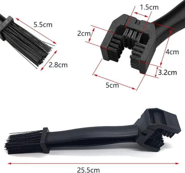 Cepillo 2en1 para limpieza de cadenas de bicicletas y motos, con cerdas de alta resistencia y mango ergonómico.