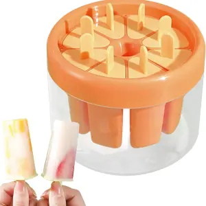 Molde para paletas de helado con 6 cavidades y palitos, naranja y transparente.