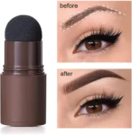 Sello para cejas con aplicador de esponja y demostración de antes y después.
