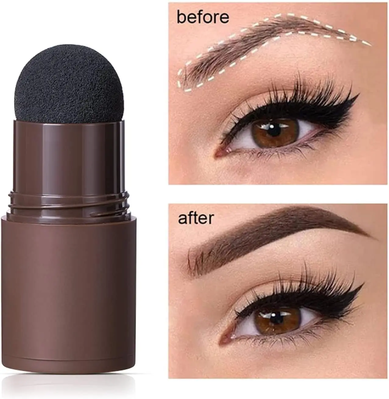Sello para cejas con aplicador de esponja y demostración de antes y después.