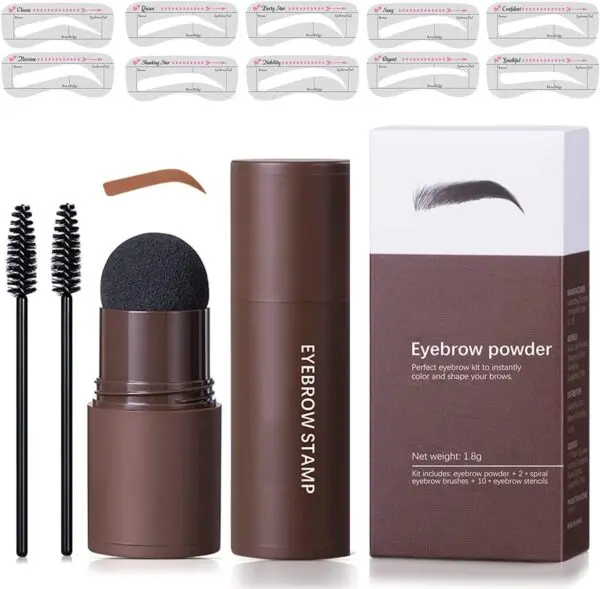 Kit de sello para cejas con 10 plantillas, 2 cepillos y polvo para cejas de 1.8g.