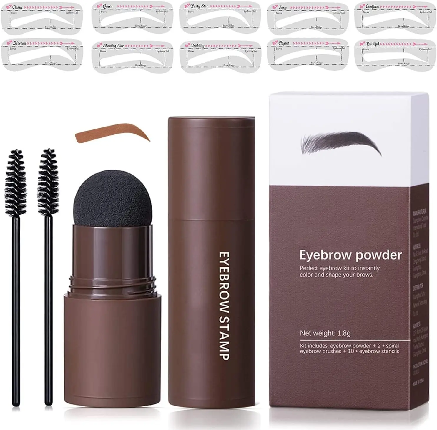 Kit de sello para cejas con 10 plantillas, 2 cepillos y polvo para cejas de 1.8g.