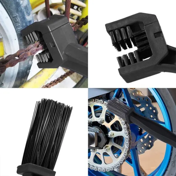 Cepillo 2en1 para limpiar cadenas de bicicleta y moto, con cerdas para suciedad y engranajes.