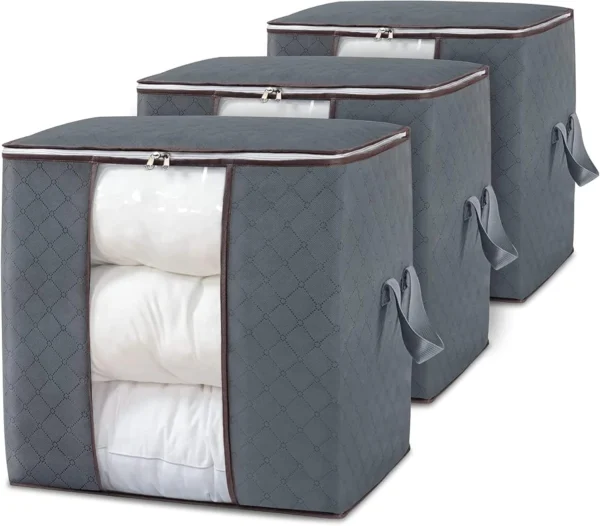 Bolsas plegables para closet grises con ventana transparente, con espacio para organizar ropa de cama o edredones.