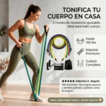 Mujer entrenando con bandas de resistencia tubulares verdes, amarillas y azules hasta 100 lbs. Incluye accesorios y bolsa.