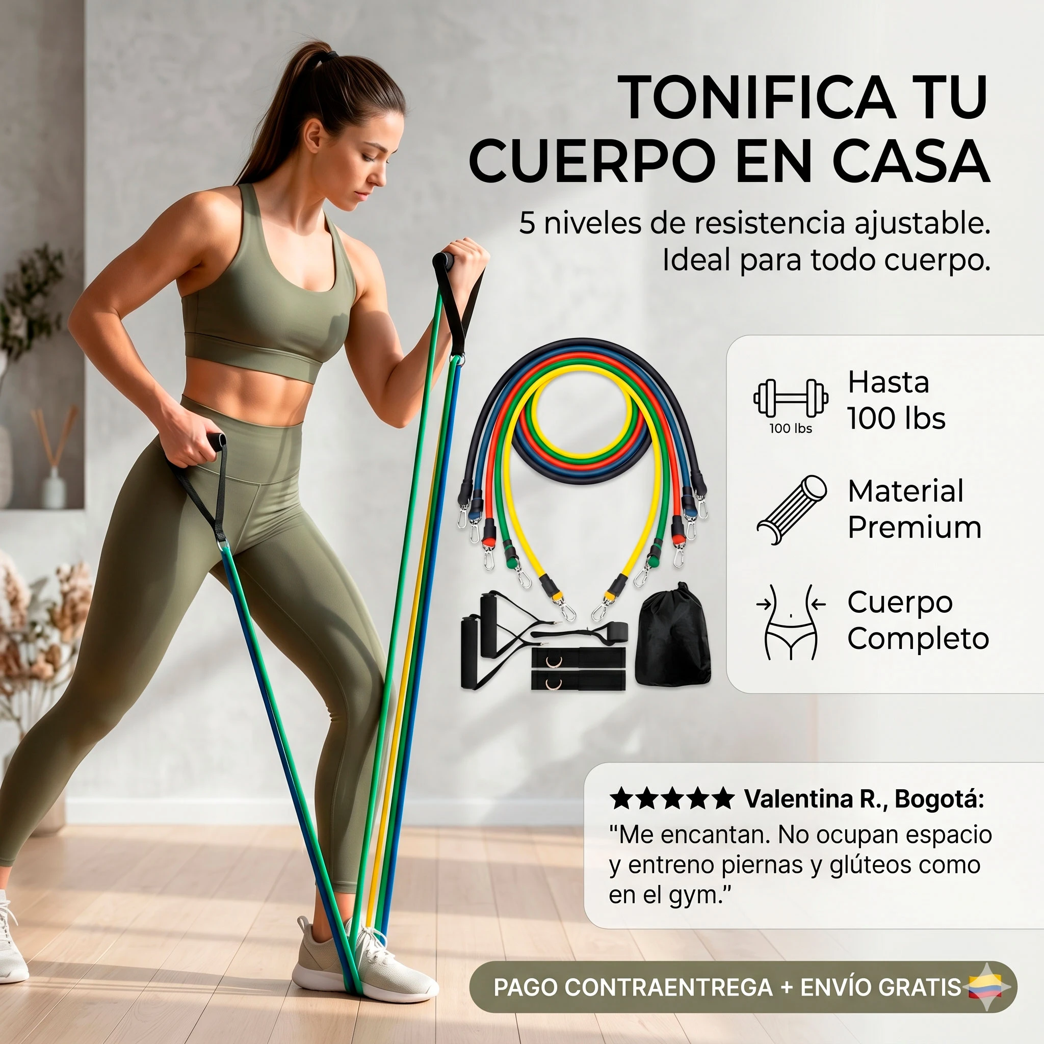 Mujer entrenando con bandas de resistencia tubulares verdes, amarillas y azules hasta 100 lbs. Incluye accesorios y bolsa.