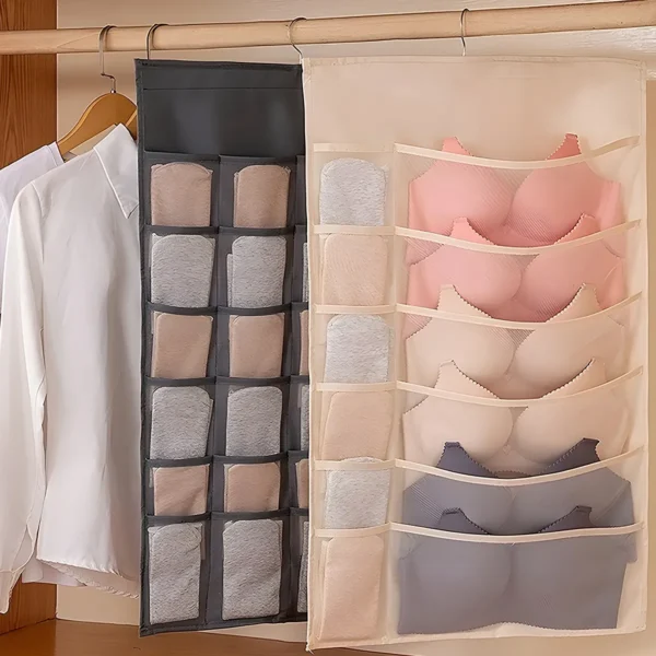 Organizador de closet para ropa interior, brasieres y calcetines con múltiples compartimentos.