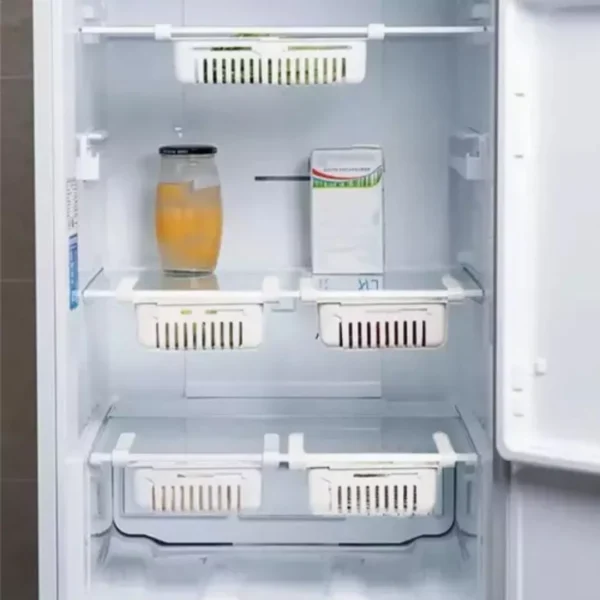 Set x2 organizadores ajustables para nevera con compartimentos tipo rejilla, ideal para frutas y verduras.