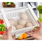 Organizador ajustable para nevera con huevos, ideal para refrigerador y cocina.