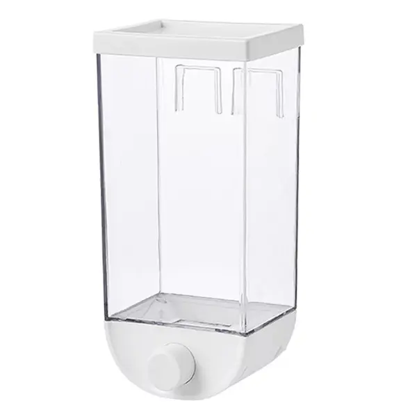 Dispensador de cereales de pared 1000ml, transparente, con grifo dosificador y tapa blanca.