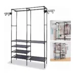 Armario closet organizador negro 2 espacios con colgadores y estantes para ropa y zapatos.