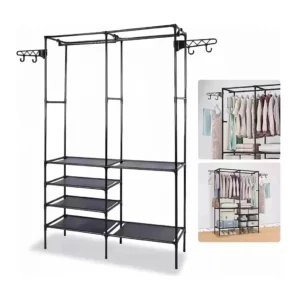 Armario closet organizador negro 2 espacios con colgadores y estantes para ropa y zapatos.
