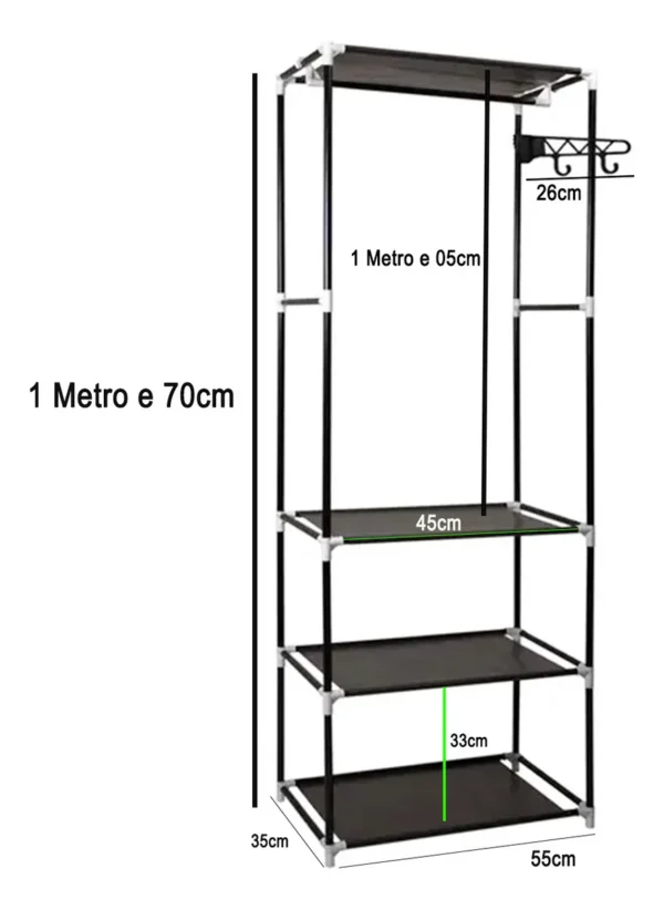 Closet Sencillo: estructura metálica negra con 3 estantes y barra para colgar, medidas 1.70m alto, 55cm ancho.