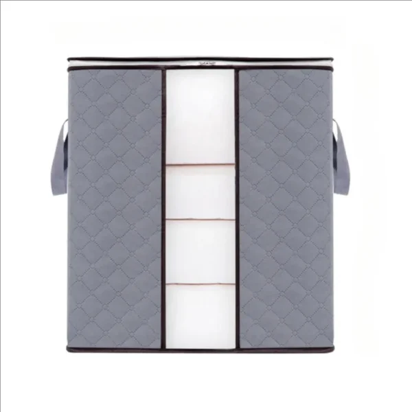 Bolsa plegable para closet gris con compartimentos internos, asas y diseño acolchado.