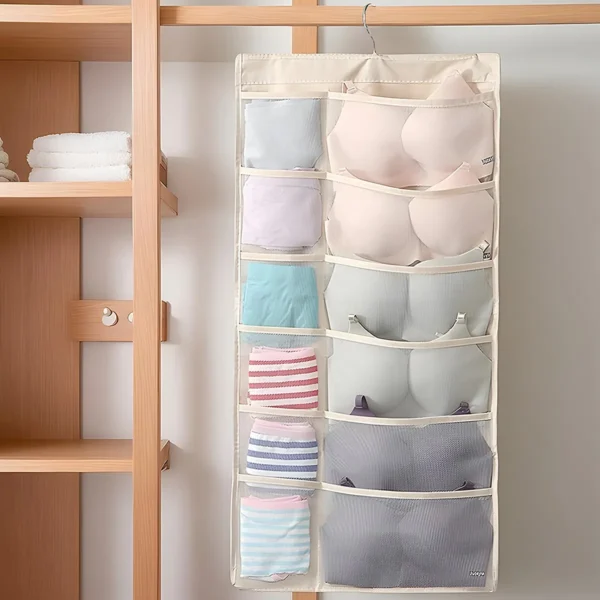 Organizador de closet para ropa interior: sostiene brasieres y prendas íntimas en compartimentos transparentes.