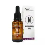 Sérum Afrodita Niacinamida 10% con Zinc, frasco gotero ámbar, caja blanca con letra N.