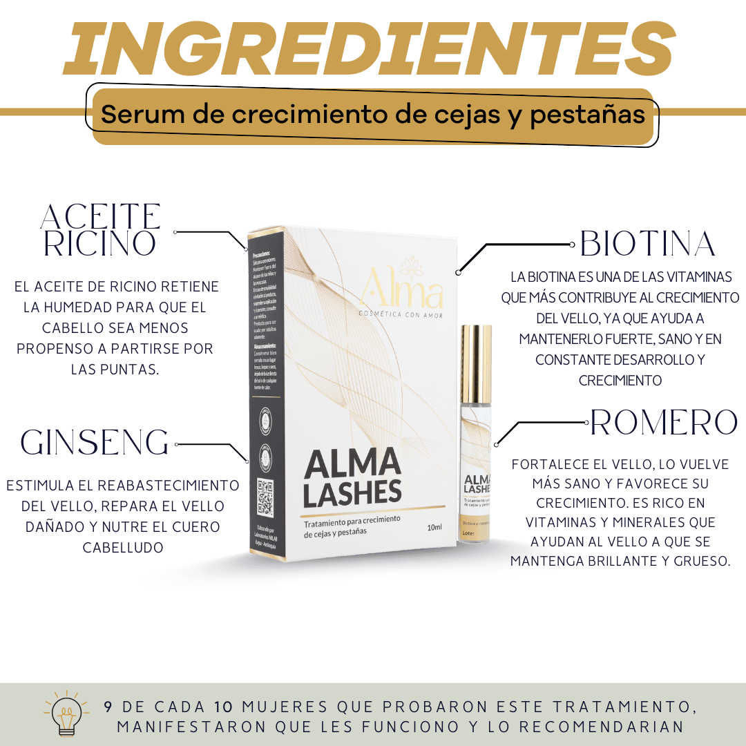 Set x2 Alma Lashes serum crecimiento cejas y pestañas, con biotina, romero y aceite de ricino.
