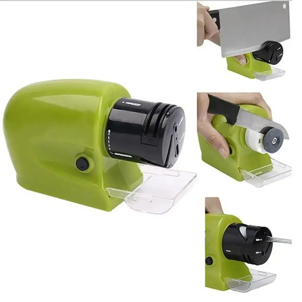Afilador de cuchillos eléctrico portátil verde, con demostración de uso en tres ángulos.