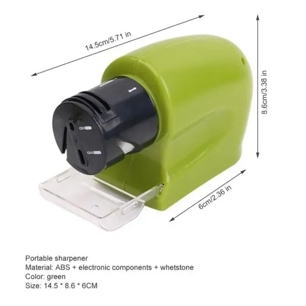 Afilador de cuchillos eléctrico portátil verde, compacto, con medidas de 14.5 x 8.6 x 6 cm.