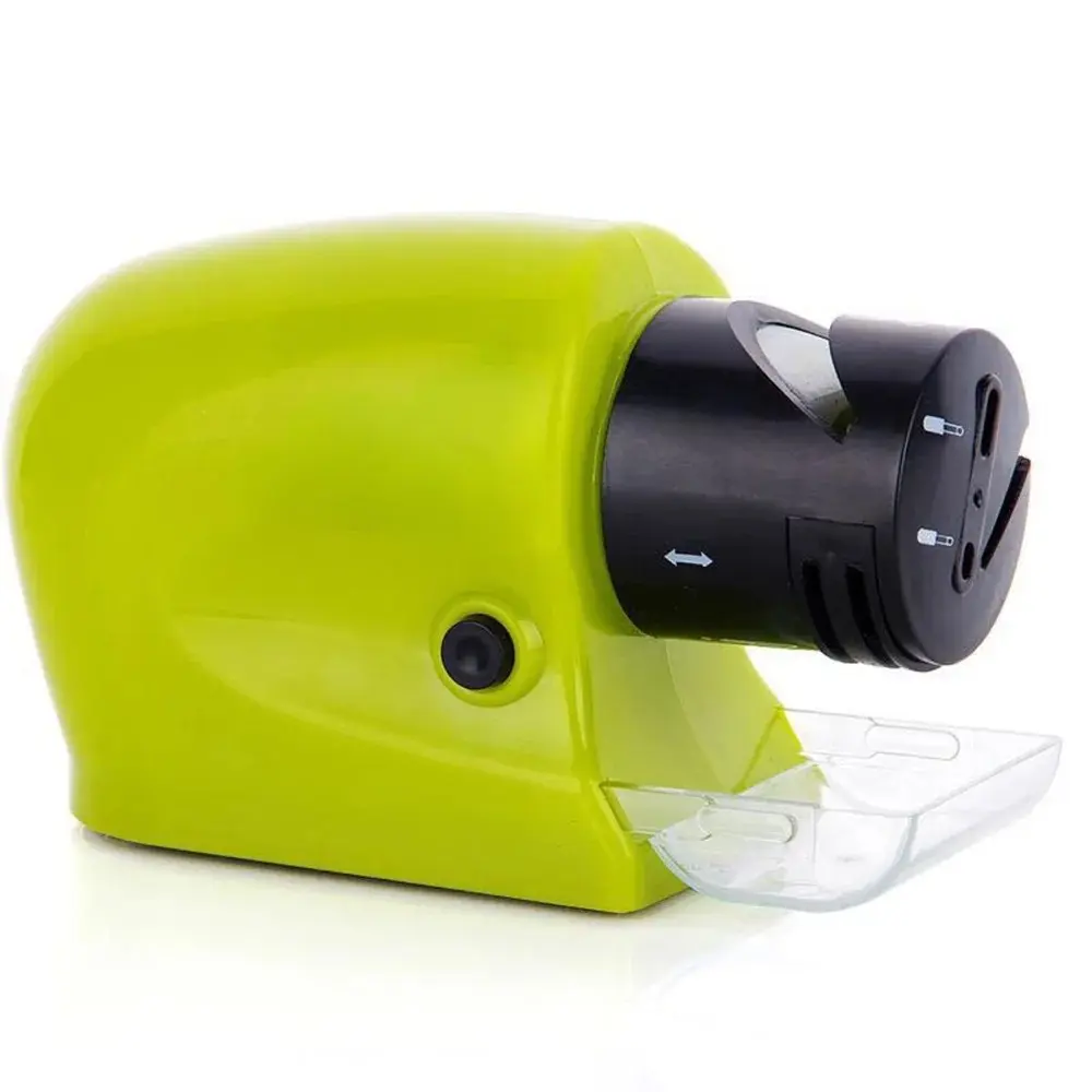 Afilador eléctrico de cuchillos portátil, color verde lima, con ranuras de afilado y receptáculo para virutas.