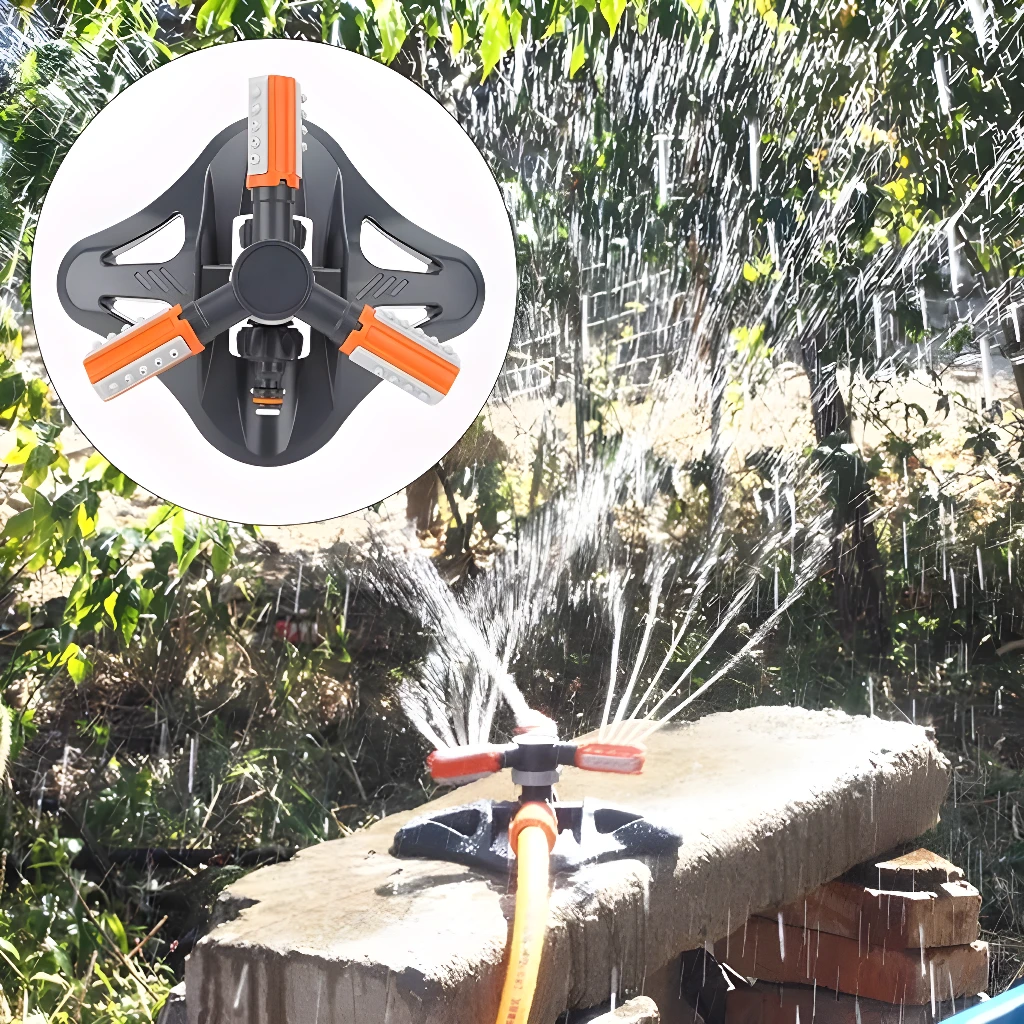 Aspersor giratorio 360 para jardín, riego eficiente con chorros de agua.
