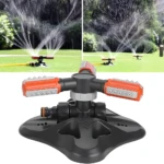 Aspersor rociador de jardín 360°, riego automático para césped, diseño giratorio de 3 brazos.