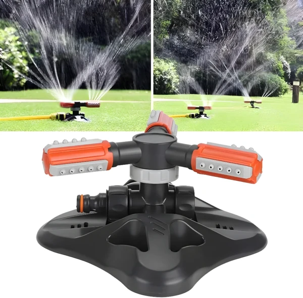 Aspersor rociador de jardín 360°, riego automático para césped, diseño giratorio de 3 brazos.