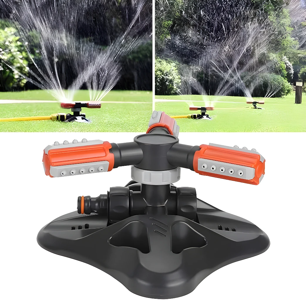Aspersor rociador de jardín 360°, riego automático para césped, diseño giratorio de 3 brazos.