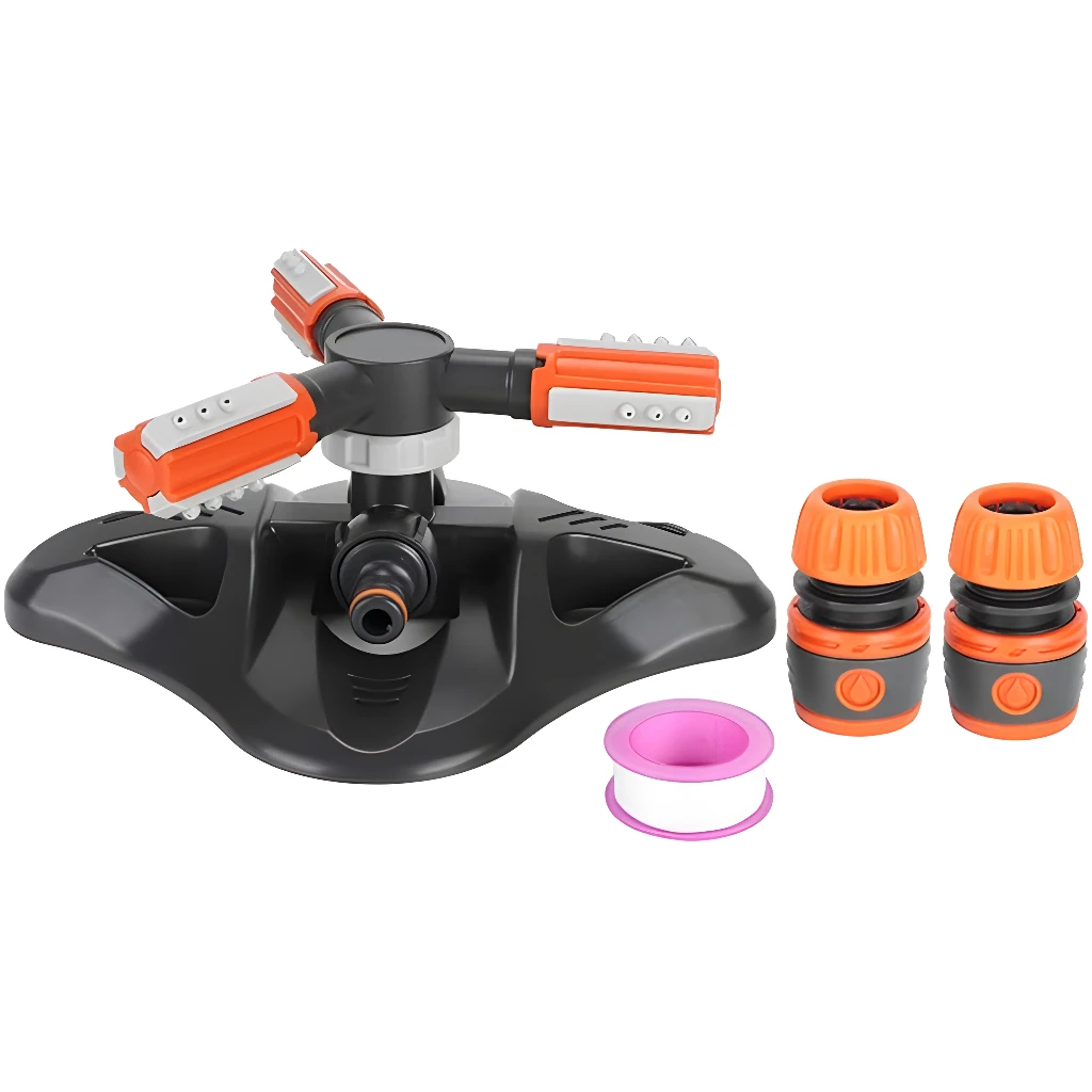 Aspersor rociador de jardín 360 con conectores y cinta, ideal para riego.