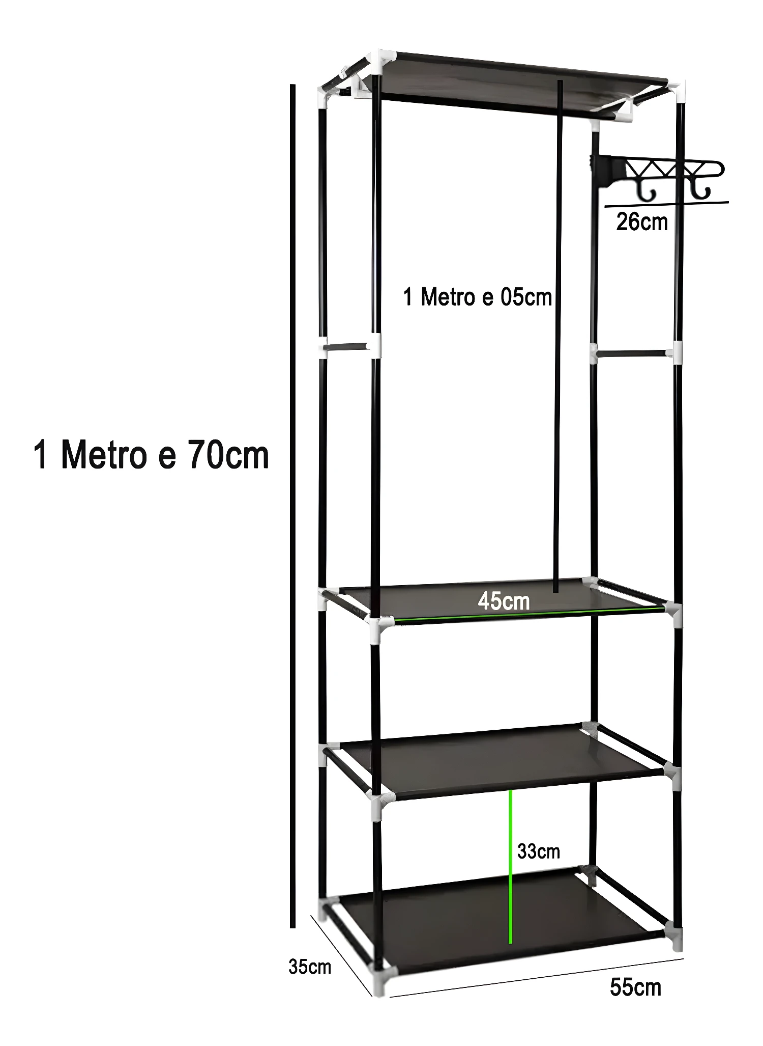 Closet sencillo de tela negro con medidas 170cm x 55cm x 45cm, ideal para ropa.