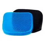 Cojín de gel ergonómico y ortopédico azul con funda negra, diseño de panal.