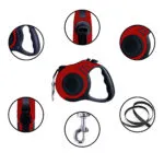 Correa retráctil para perros roja de 5 metros, con mango ergonómico y gancho de metal.