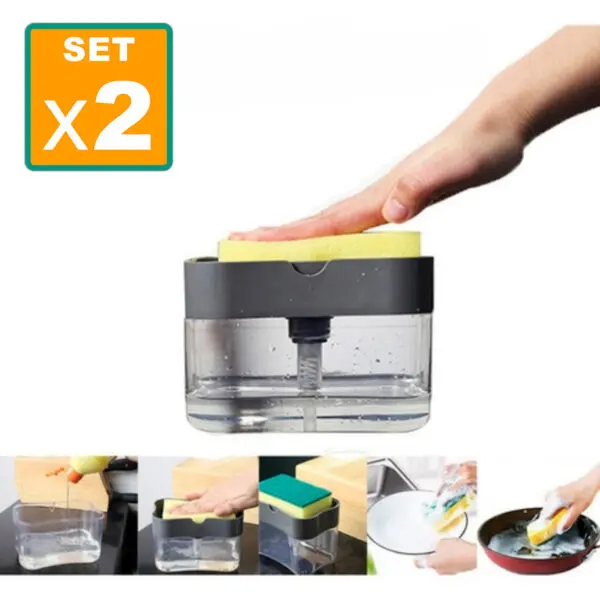 Set x2 Dispensador De Jabon Liquido Lavaplatos Con Esponja Cocina Color Transparente