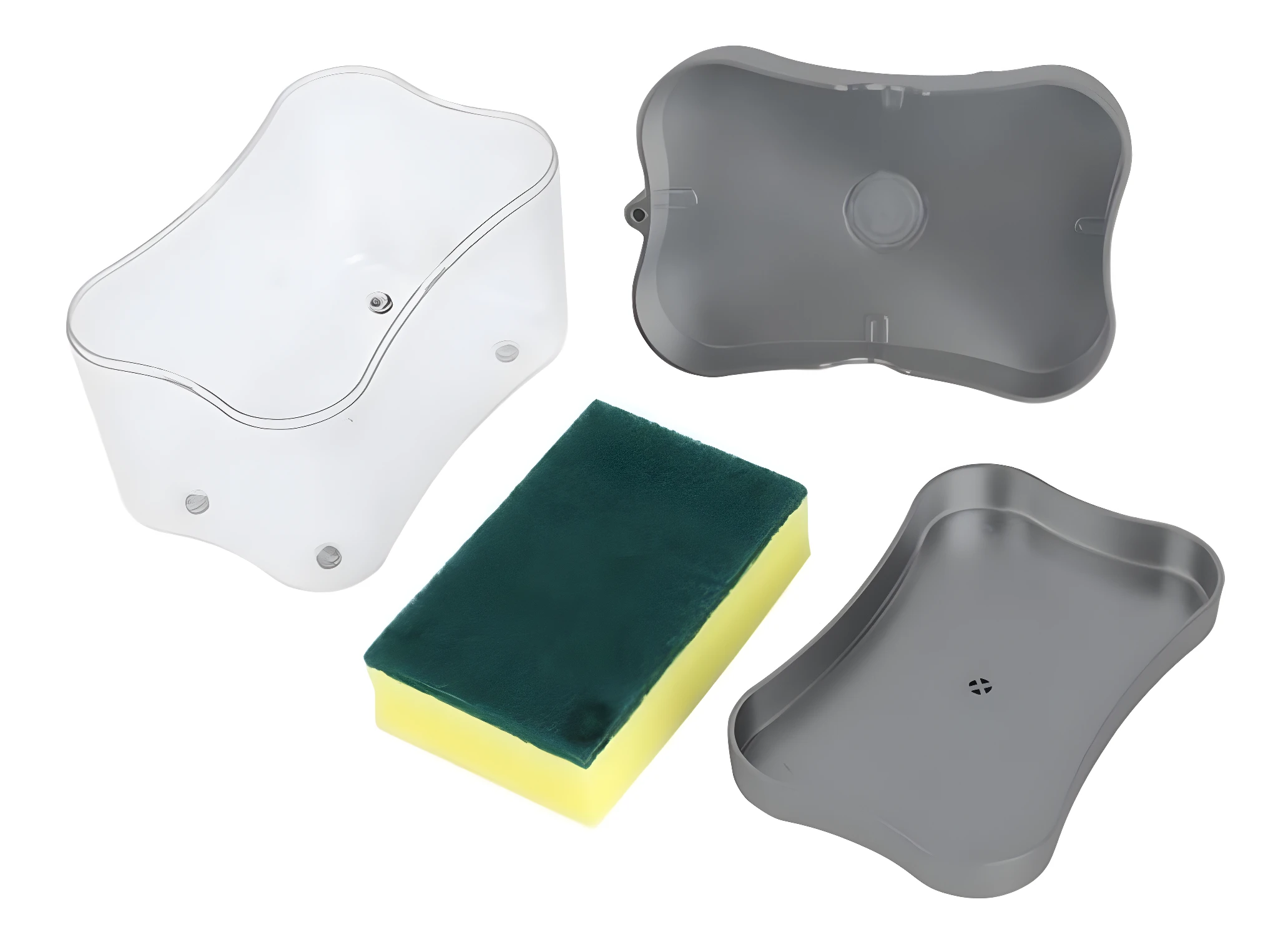 Dispensador de jabón líquido transparente con esponja para cocina.