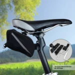 Alforja para sillín de bicicleta con soporte para celular y herramientas de montaje.