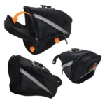 Alforja negra para sillín de bicicleta, bolso porta celular con cremallera y reflectivos.
