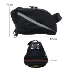 Alforja para sillín de bicicleta negra: 17x10x11 cm, ideal para celular y documentos.
