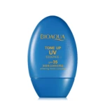 Protector solar Bioaqua UV Tone Up SPF35 azul, con texto en naranja.