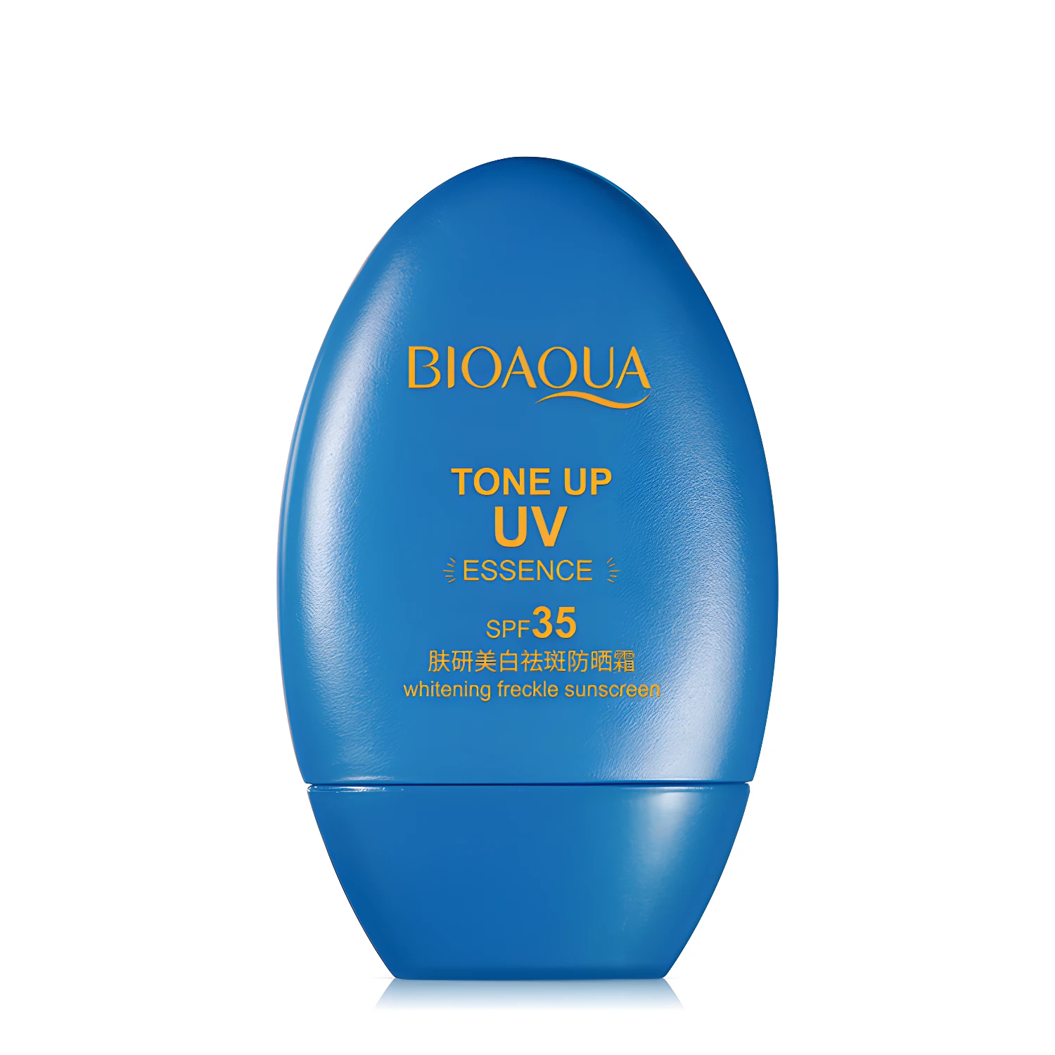 Protector solar Bioaqua UV Tone Up SPF35 azul, con texto en naranja.