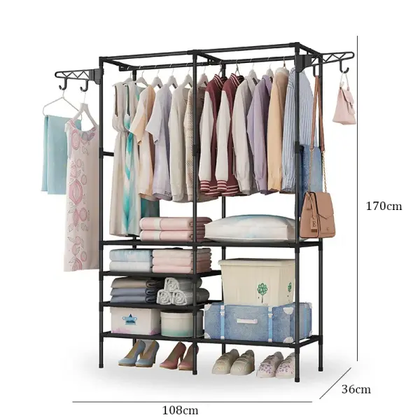Closet organizador de 2 espacios con ropa colgada, toallas, cajas y zapatos.