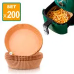 Set x200 papel antiadherente para freidora de aire, ideal para preparar papas fritas y otros alimentos.