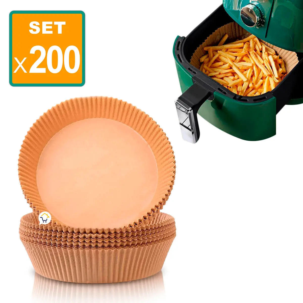 Set x200 papel antiadherente para freidora de aire, ideal para preparar papas fritas y otros alimentos.