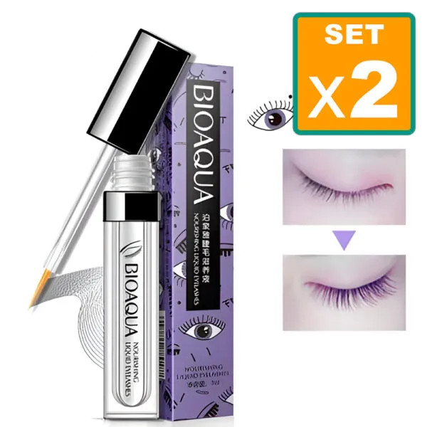 Set x2 Serum Alargador Bioaqua: pestañas más largas y fuertes. Antes y después visible.