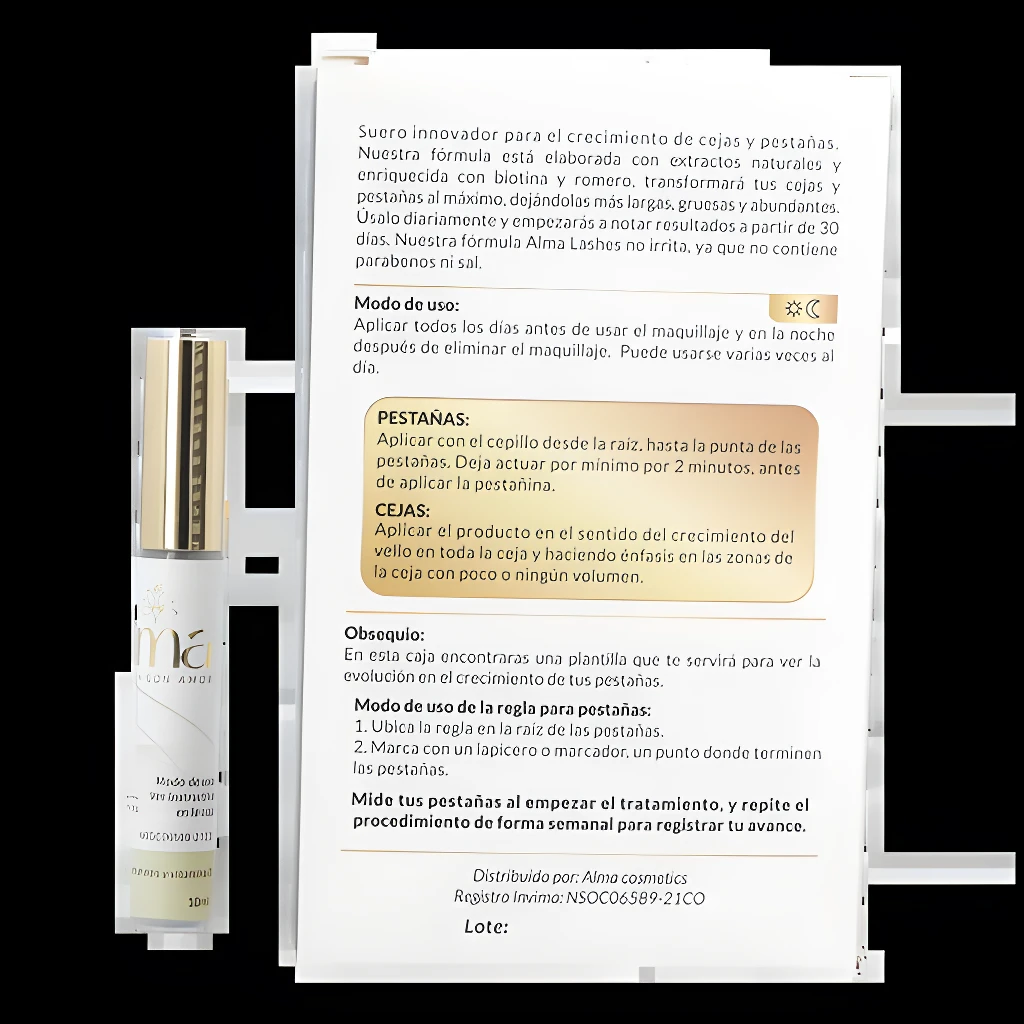 Set x2 Serum Alma Lashes para crecimiento de cejas y pestañas, con aplicador.