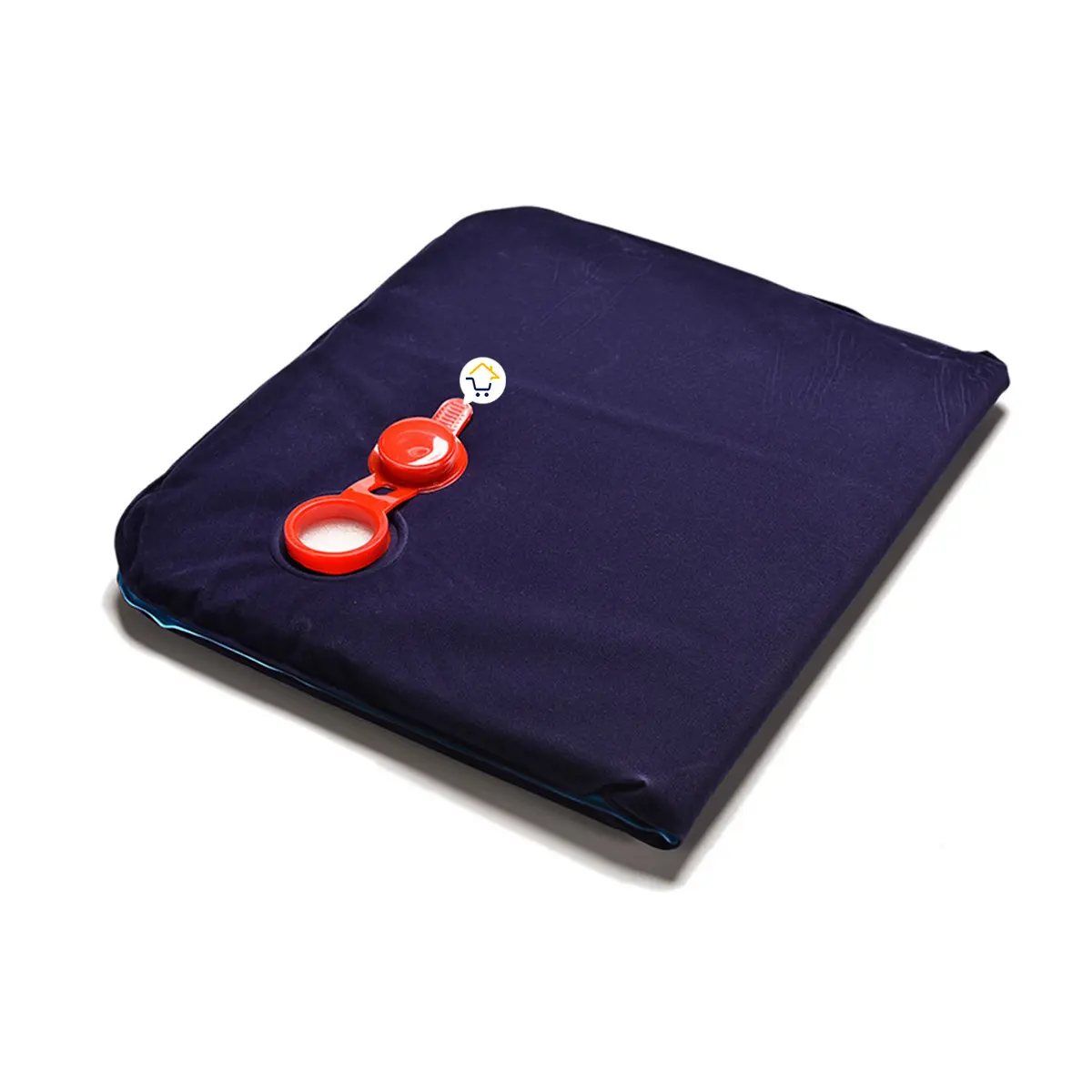 Almohada de agua para dormir con válvula naranja, azul y blanca.